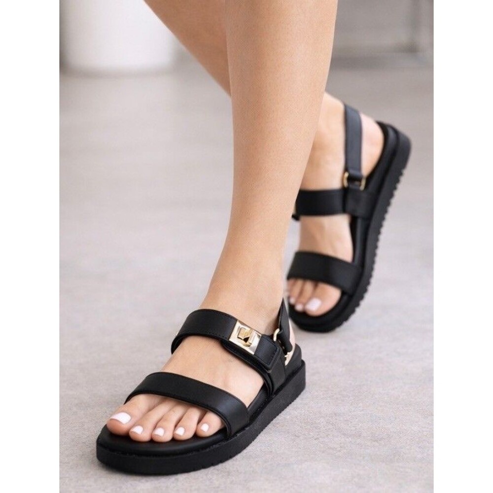 Women Black Platform Sandals Double Strap Gold Buckle Casual Comfort Size 81/2